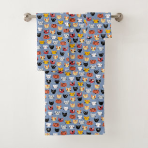 Mooie Grappige Kitty Kat Gezichten Patroon Blauw Bad Handdoek