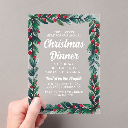 Mooie Greenery Berry Lijst kerstdiner Acryl Uitnodigingen (Insitu (Draagbaar))