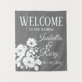 Mooie grijze en witte bloemige bruiloft welkom wandkleed