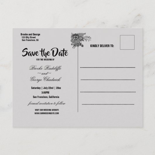 Mooie grijze en zwarte bloemen redden de datum aankondigingskaart (Achterkant)