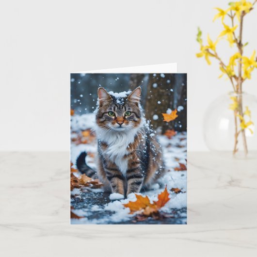 Mooie grijze gestreepte kat Herfstbladeren blanco  Kaart (Gele Bloem)