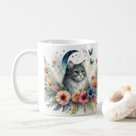 Mooie Grijze Kat Portret met Bloemen Mok