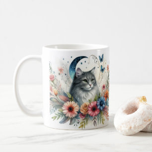 Mooie Grijze Kat Portret met Bloemen Mok