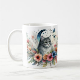 Mooie Grijze Kat Portret met Bloemen Mok