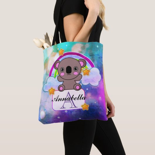Mooie grijze kawaii koala met regenboogsterren tote bag (Dichtbij)