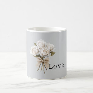 Mooie grijze namaak kant witte rozen bloem koffiemok
