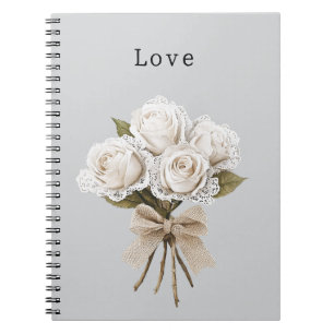 Mooie grijze namaak kant witte rozen bloem notitieboek