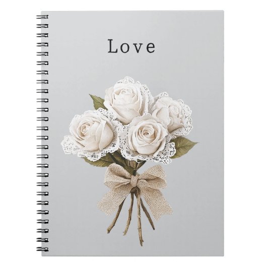 Mooie grijze namaak kant witte rozen bloem notitieboek (Voorkant)