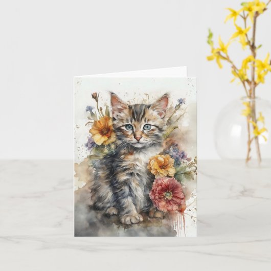 Mooie grijze tabby kat bloemen blanco wenskaart  kaart (Gele Bloem)