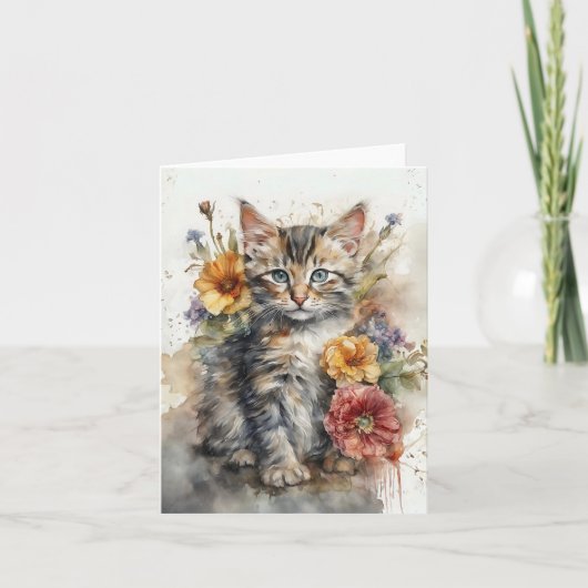 Mooie Grijze Tabby Kat Bloemen Blank Groet Kaart (Voorkant)