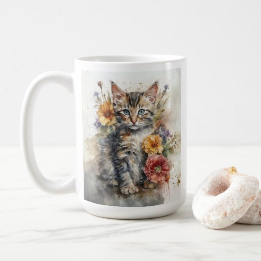 Mooie Grijze Tabby Kat Bloemen Koffiemok (Met donut)