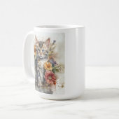Mooie Grijze Tabby Kat Bloemen Koffiemok (Voorkant links)
