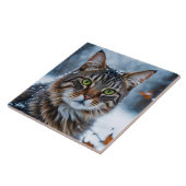 Mooie Grijze Tabby Kat in Sneeuw Tegeltje (Zijkant)