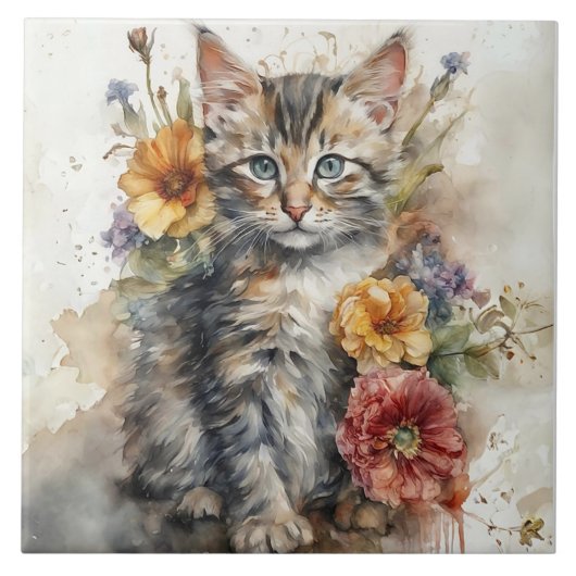 Mooie Grijze Tabby Kat Omgeven door Bloemen Tegeltje (Voorkant)