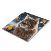 Mooie Grijze Tabby Kat Vallen Bladeren Portret Tegeltje (Zijkant)