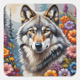 Mooie grijze wolf en bloemen vierkante sticker