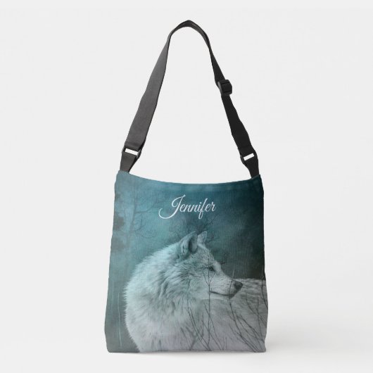 Mooie Grijze Wolf in een Donker Bos Crossbody Tas (Voorkant)