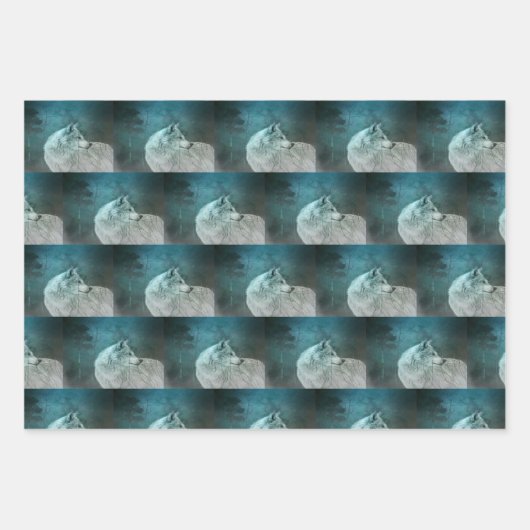 Mooie Grijze Wolf in een Donker Bos Patroon Inpakpapier Vel (Voorkant)