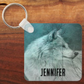 Mooie Grijze Wolf in een Donker Bos Sleutelhanger (Voorkant)