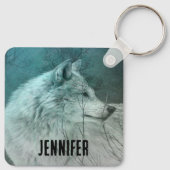 Mooie Grijze Wolf in een Donker Bos Sleutelhanger (Achterkant)