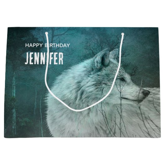 Mooie Grijze Wolf in een Donker Bos Verjaardag Groot Cadeauzakje (Voorkant)