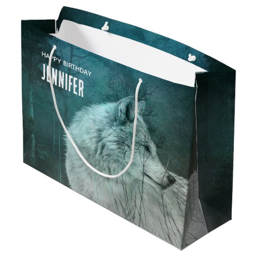 Mooie Grijze Wolf in een Donker Bos Verjaardag Groot Cadeauzakje (Achterkant Gekanteld)