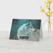 Mooie Grijze Wolf in een Donker Bos Verjaardag Kaart (Gele Bloem)