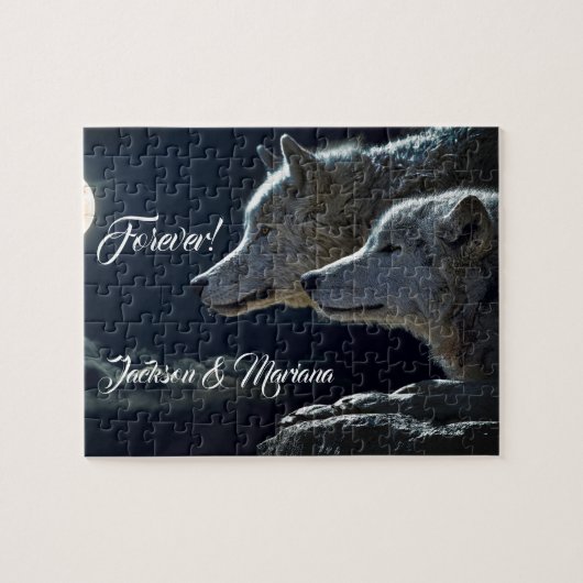 Mooie grijze wolven bij nacht legpuzzel (Horizontaal)