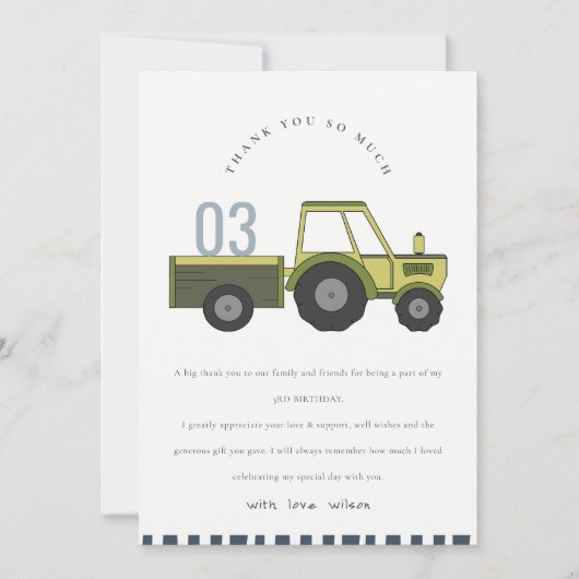 Mooie groene blauwe boerderijtractor kinderen elke bedankkaart (Voorkant)