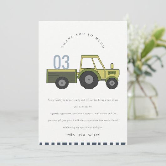 Mooie groene blauwe boerderijtractor kinderen elke bedankkaart (Staand voorkant)