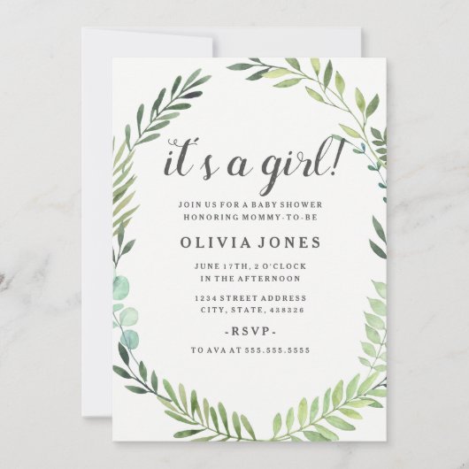 Mooie groene boho krans baby shower uitnodiging (Voorkant)