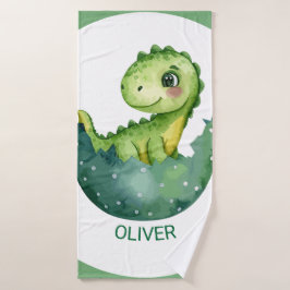 Mooie Groene Dinosaurus Op Maat Gemaakte Waterverf Badhanddoek