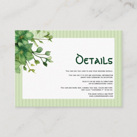 Mooie groene en gestreepte huwelijksdetails informatiekaartje (Voorkant)