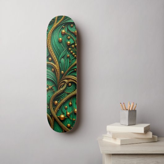 Mooie groene en gouden bloemen en kralen Abstract Persoonlijk Skateboard (Muurkunst)