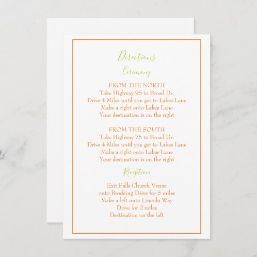 Mooie groene en oranje routebeschrijving informatiekaartje (Voorkant / Achterkant)