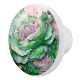 Mooie  groene en roze rozen keramische knop