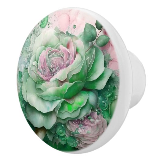 Mooie  groene en roze rozen keramische knop (Rechts)