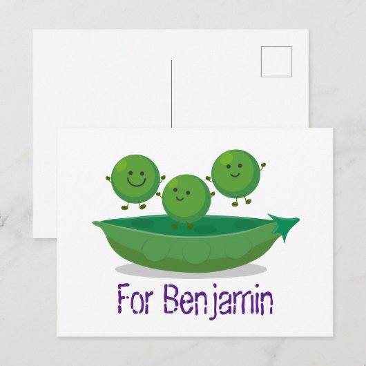 Mooie groene erwten en pod cartoon illustratie briefkaart (Voorkant / Achterkant)