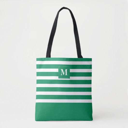 Mooie groene gestreepte monogram strandtas tote bag (Voorkant)