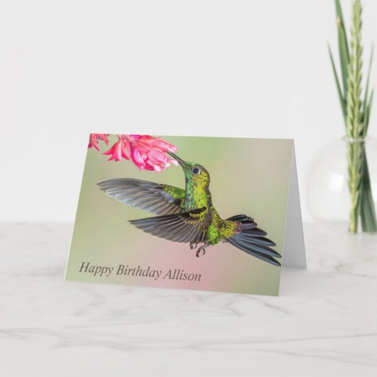 Mooie Groene Geweekte Hummingbird Happy Birthday Kaart (Voorkant)