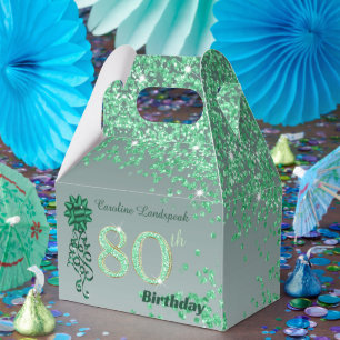Mooie groene glitter & lint 80e verjaardag bedankdoosjes