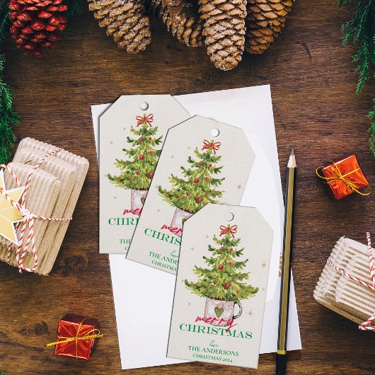 Mooie groene kerstboom in pot Kerstfeest cadeautje Cadeaulabel