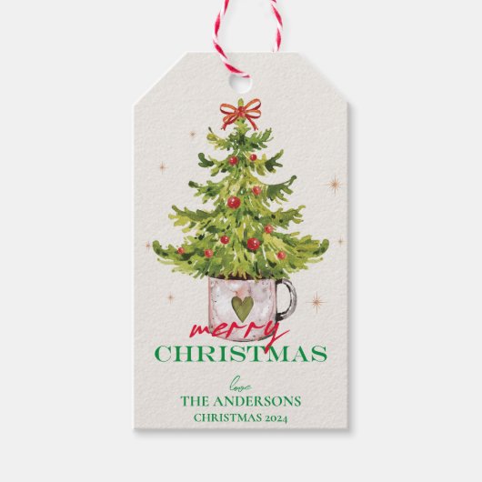 Mooie groene kerstboom in pot Kerstfeest cadeautje Cadeaulabel (Voorkant)
