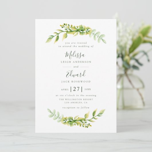 Mooie groene loof bruiloft uitnodiging (Staand voorkant)