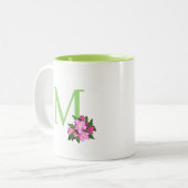 Mooie groene monogram met appelbloemen tweekleurige koffiemok (Voorkant links)