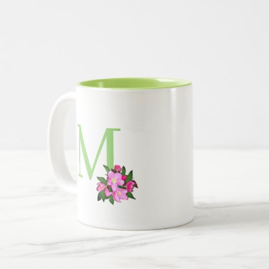 Mooie groene monogram met appelbloemen tweekleurige koffiemok (Voorkant links)