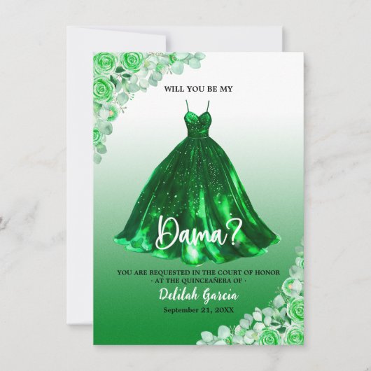 Mooie Groene Quinceañera Dama Uitnodiging (Voorkant)