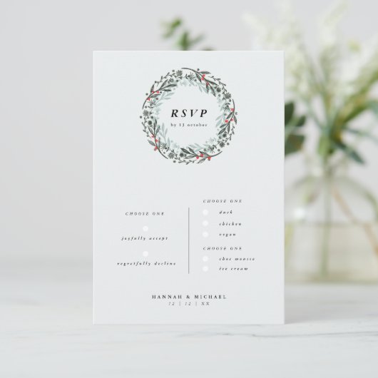 Mooie groene RSVP kaart met menu keuze (Staand voorkant)