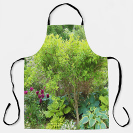 Mooie groene tuinaanleg met hosta's schort