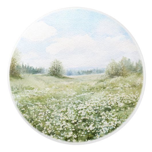Mooie Groene Weide Bloemen Blauwe Lucht Keramische Knop (Voorkant)